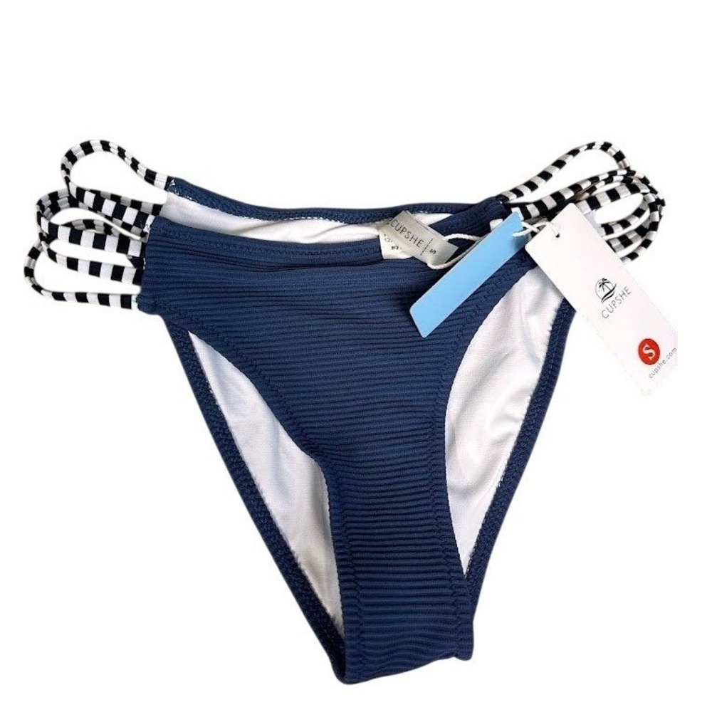 Cupshe Womens Blue Ribbed Strappy Side‎ Bikini Bottom Striped Trim Size S NEW